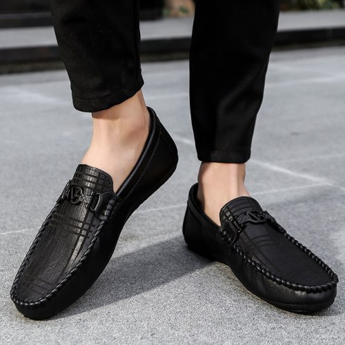All-match casual men's loafers leather shoes metal buttons, plaid stripes, printed leather peas shoes, men's lazy driving shoes