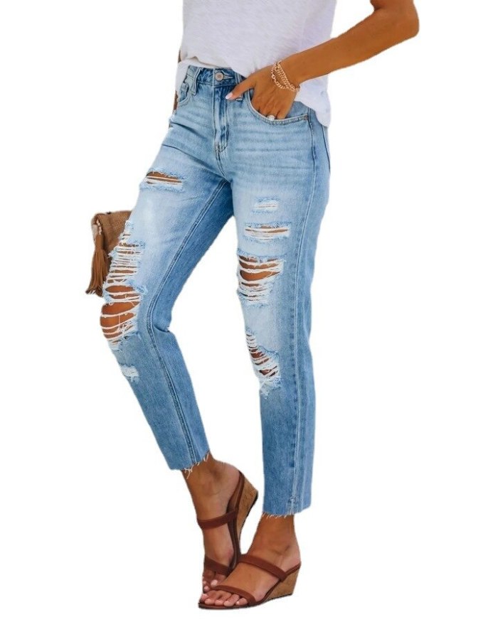 Capri Pants 2021 Autumn Street Hipsters Ripped Holes Loose Washed Cropped Straight-leg Pants Mid-waist Women's Jeans for Girls