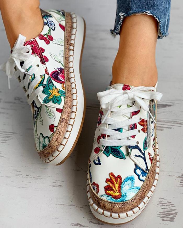 New Women Sneakers Elegant Floral Printed Lace Up Female Flat Shoes Fashion Round Toe Lady Vulcanized Shoes Women Casual Shoes