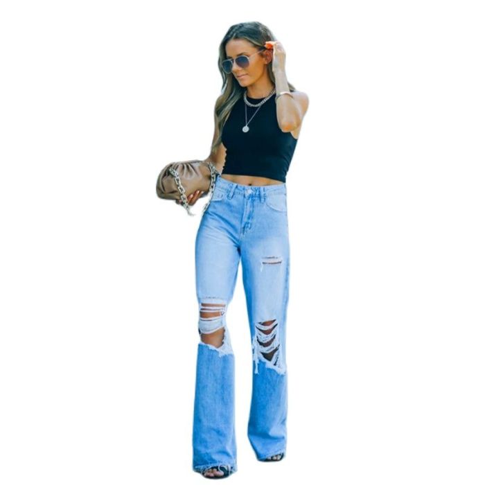Blue Ripped Jeans Women High Waist Straight Streetwear Hole Denim Trousers Lady Vintage Solid Color Loose Casual Denim Pants
