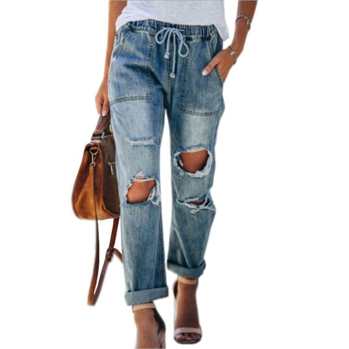 2021 Hot Sale Drawstring Denim Jeans for Women Stretch Ripped Jeans Jean Ladies S-3XL Full Length Pencil Pants