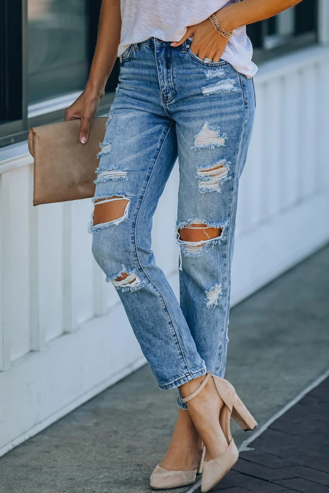Light Blue Washed Ripped Straight Legs Jeans Women Casual High Waist Jeans Straight Leg Hole Vintage Denim Pants