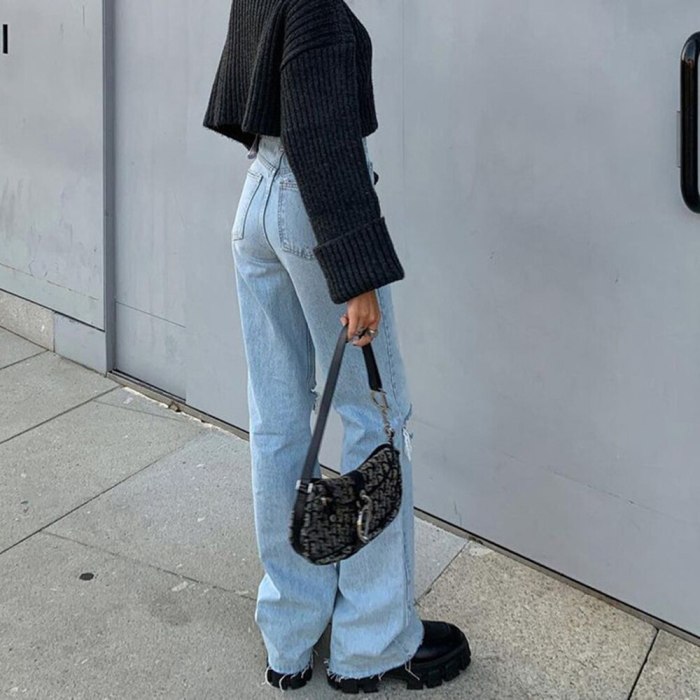 Cargo Pants Women Jeans High Waist Ripped Baggy Jeans Femme Vintage Knee Hole Full Length Pants Denim Trousers Pantalones Mujer