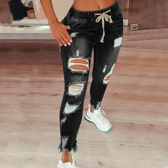 Jeans Women 2021 Drawstring High Waist Stretch Ripped Hole Jeans Fashion Denim Full Length Pencil Pants Skinny Jean Trousers