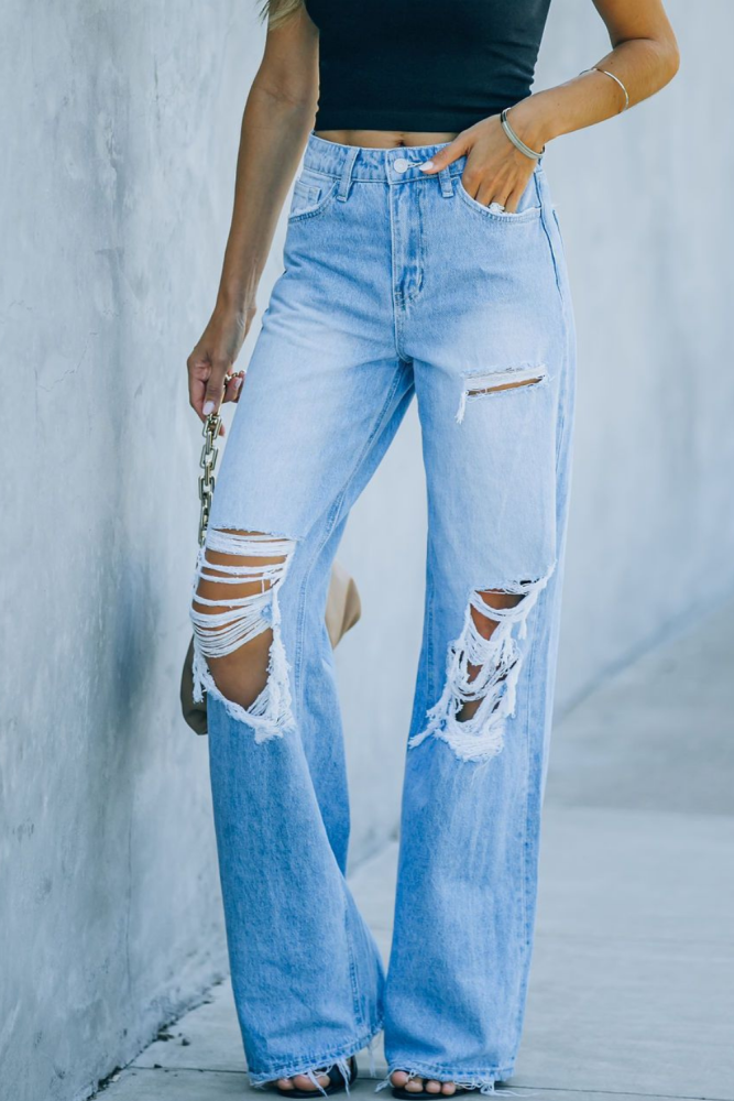 Straight-Leg Denim Pants Jeans Street Hipster Jeans Women Summer Casual Wide Leg Pants Ripped Hole Denim Trousers