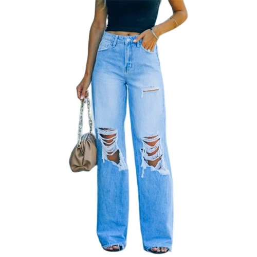 Blue Ripped Jeans Women High Waist Straight Streetwear Hole Denim Trousers Lady Vintage Solid Color Loose Casual Denim Pants