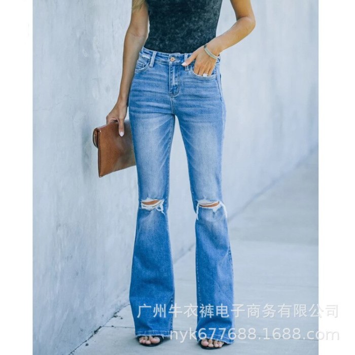 2021 Skinny Flared Jeans Women Jeans Mid-Waist Denim Blue Pants Washed Bootcut Trousers Women's Pants