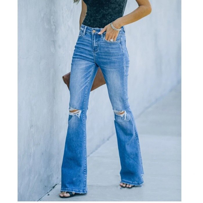 2021 Skinny Flared Jeans Women Jeans Mid-Waist Denim Blue Pants Washed Bootcut Trousers Women's Pants