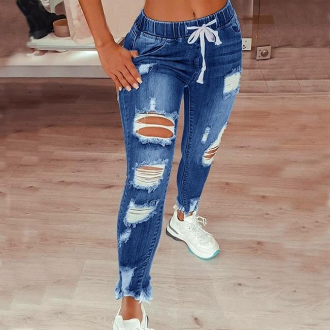 Jeans Women 2021 Drawstring High Waist Stretch Ripped Hole Jeans Fashion Denim Full Length Pencil Pants Skinny Jean Trousers