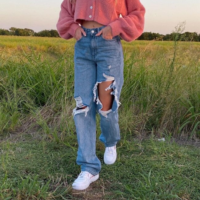 2021 New Vintage Fashion Women's Clothing Street Trend High-waist Hole Asymmetrical Loose Wide Trousers Straight Leg Trousers
