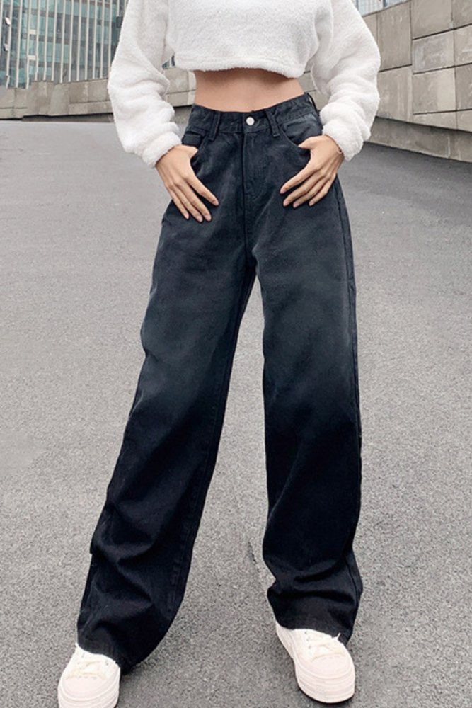 Women Casual Jeans Long Pants Black Tie-dyed Printing High Waist Straight-leg Trousers Baggy Loose Denim Fashion Streetwear