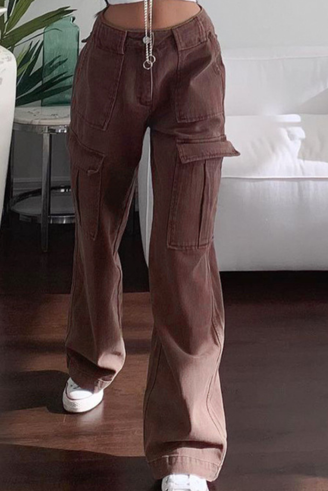 Casual Brown Jeans Woman  High Waisted Cargo Pants Women Pocket Fashion Straight Long Trousers Ladies Streetwear