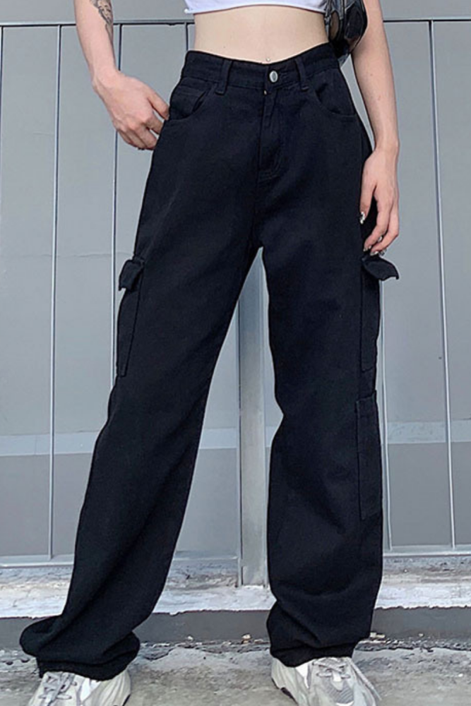 Fashion Casual High Waist Women's Jeans  Harajuku Streetwear Pocket Loose Straight Pants Vintage Wide Leg Cargo Denim Pants