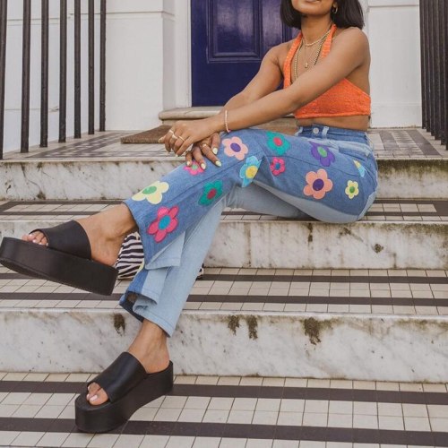 Cute Floral Patches Patchwork Jeans Women High Waist Harajuku Flare Jeans Baggy Cargo Pants Aesthetic Denim Pants  Iamhotty