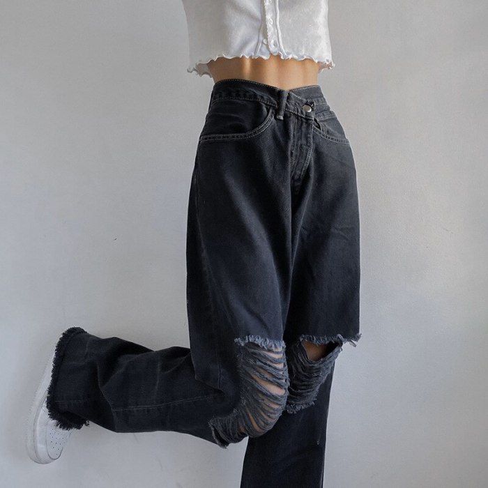 Fashion Holes High Waist Jeans Femme Pantalon  Vintage Streetwear Loose Korean Trousers Joggers Women Denim Pants Black