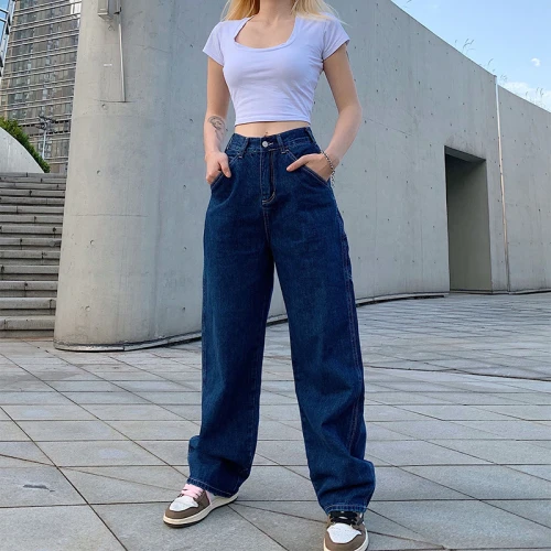 Retro Straight Backpack Large Pocket Wide Leg Women's Jeans High Waist Street Casual Pants Spring And Summer Fashion Loose Jeans