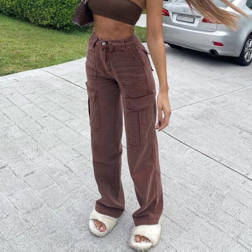 Casual Brown Jeans Woman  High Waisted Cargo Pants Women Pocket Fashion Straight Long Trousers Ladies Streetwear
