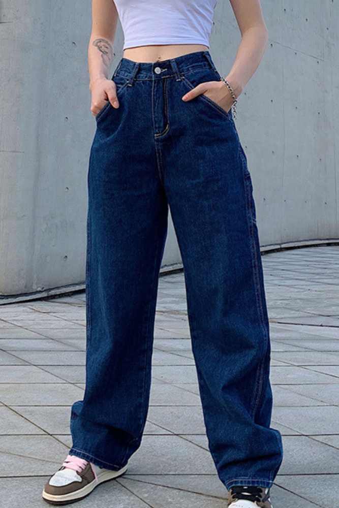 Loose High Waist Jeans Vintage  Pants Pockets Patched Zipper 90S Denim Trousers Streetwear 2021 New Popular Jeans