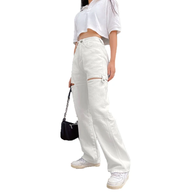 New Arrival Stylish Women's High Waist Pants Hollow Out Solid Color Jeans with Pockets Trousers for Female