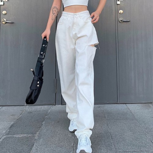2021 Summer New Style Sexy Popular Solid Color Loose Straight High Waist Thin Asymmetrical Hollow Trousers