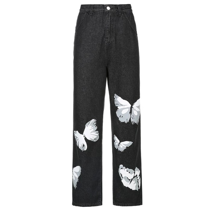 Butterfly Printed Black Y2K Jeans for Women Summer Casual HIgh Waist Denim Trousers Ladies Fashion Straight Trousers