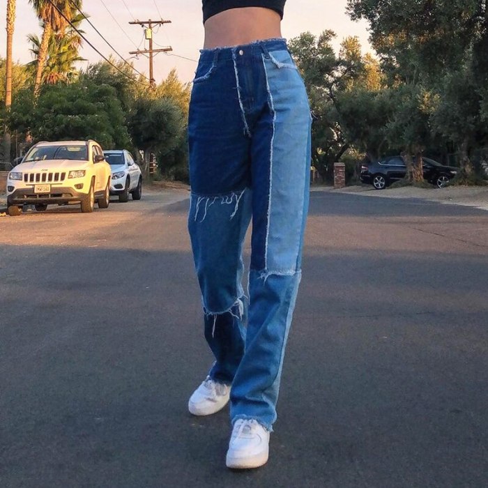 Blue Straight  Jeans For Girls Female Fashion Patched Women Vintage Denim Pants 2021New High Waisted Trouser