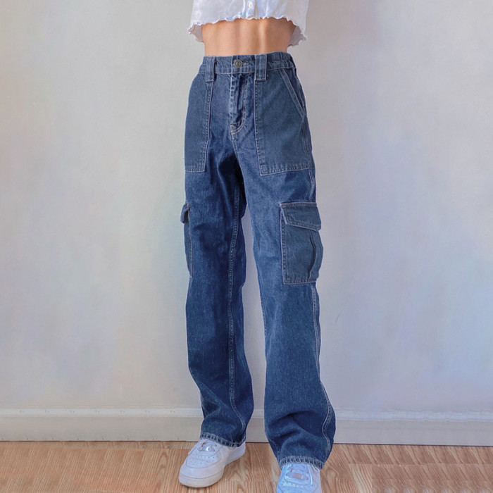 Streetwear Loose Pockets Cargo Pants Women High Waisted Patchwork Jeans y2k Casual Long Trousers Denim Straight Capri