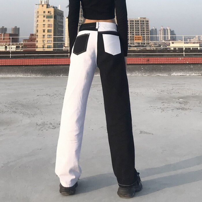 Patchwork Black White Cotton Jeans Women Casual Harajuku Denim Pants Capris Hip Hop Fashion Trousers Streetwear 2021
