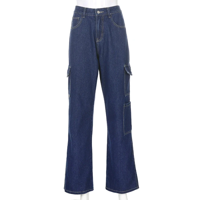 Fashion Casual High Waist Women's Jeans  Harajuku Streetwear Pocket Loose Straight Pants Vintage Wide Leg Cargo Denim Pants