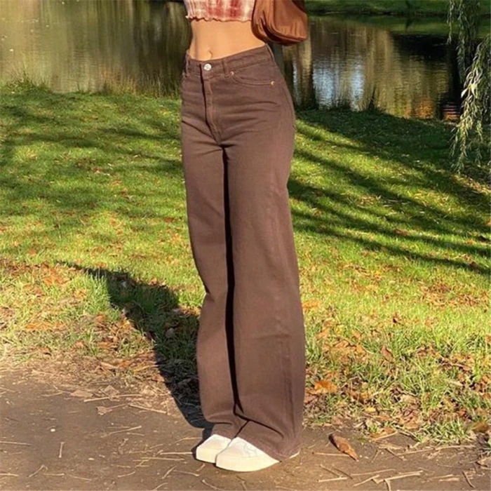 Women Spring Autumn Fashion Casual Jeans High Waist Trousers Straight Pants Shopping Dating Wear Brown Khaki Beige Regular Size