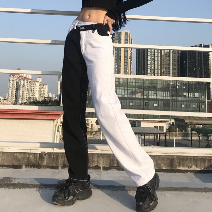 Patchwork Black White Cotton Jeans Women Casual Harajuku Denim Pants Capris Hip Hop Fashion Trousers Streetwear 2021