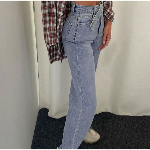 Vintage High Waist Belt Straight Leg Jeans Women Streetwear  Indie Baggy Denim Pants Harajuku Casual Distressed Mom Jean