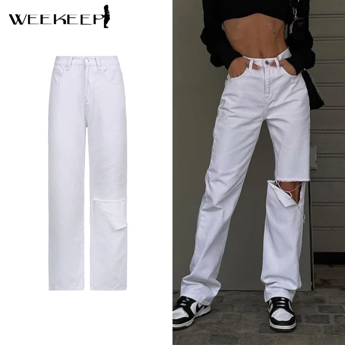 Streetwear Cut Out Straight Jeans Women Baggy High Waist Hole White Trousers Summer Harajuku Vintage Denim Pants Fashion