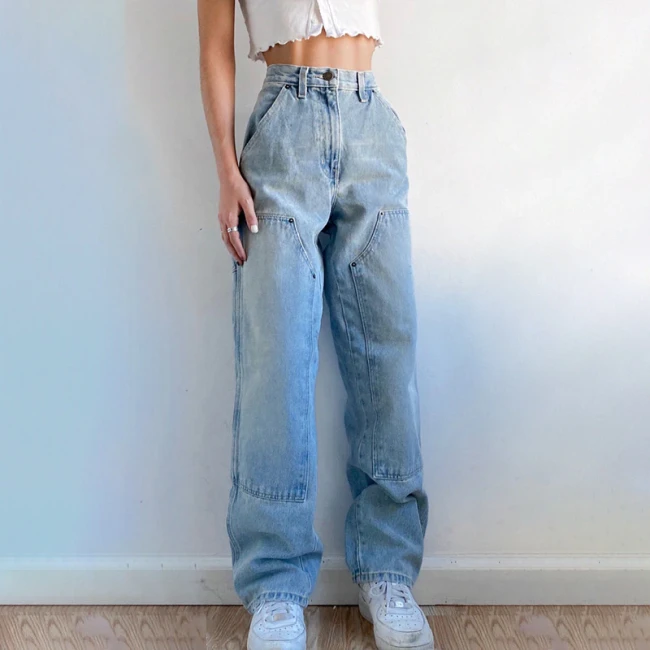 Women's Autumn New Casual Straight Denim Pants 2021 Baggy Jeans Mom Fit High Waist Loose Light Blue Jean Pocket Patchwork Female