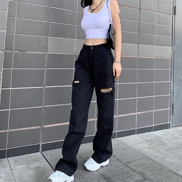 New Arrival Stylish Women's High Waist Pants Hollow Out Solid Color Jeans with Pockets Trousers for Female