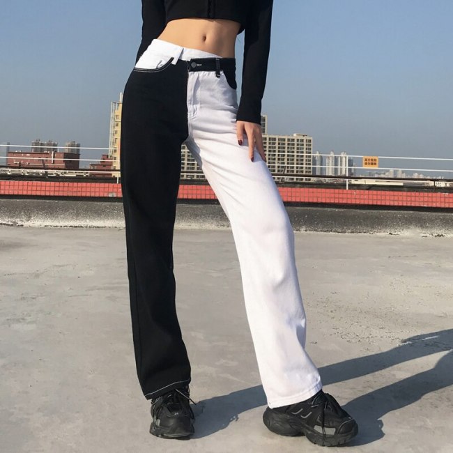 Patchwork Black White Cotton Jeans Women Casual Harajuku Denim Pants Capris Hip Hop Fashion Trousers Streetwear 2021