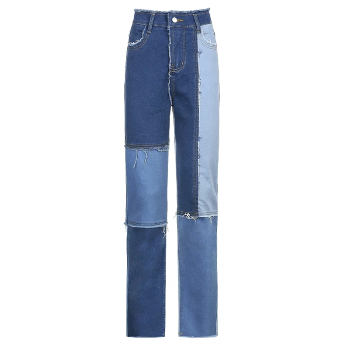 Blue Straight  Jeans For Girls Female Fashion Patched Women Vintage Denim Pants 2021New High Waisted Trouser