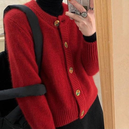 Womens Loose Fit Knitted Cardigan Sweater Long-Sleeve Crew Neck  Office Lady Solid Color Sweater Knit Tops