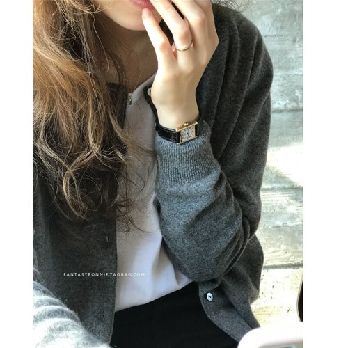 Women Cardigan Sweater Cashmere Cropped Sweater Jacket Brown O-Neck Gray Vintage Knitted Single Breasted Soft  Knitwear Tops