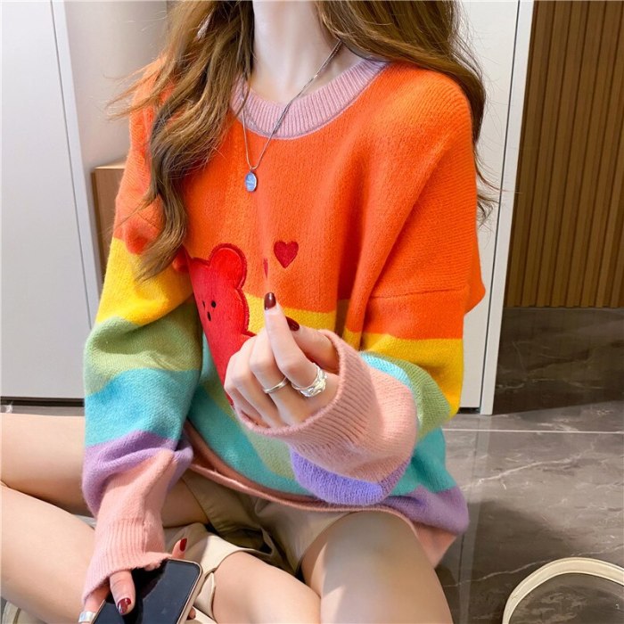 Fashion Color Contrast Rainbow   Sweaters