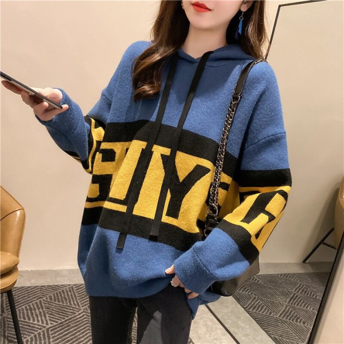 Women Casual Autumn Patchwork Hooded Sweater