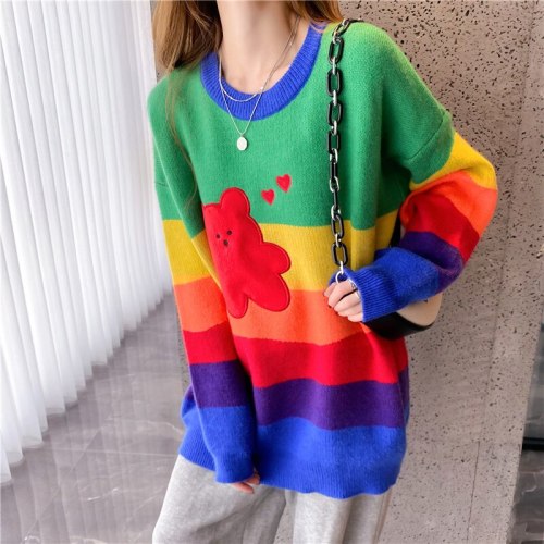Autumn Winter Fashion Color Contrast Rainbow Pullover Sweater Women Loose And Thin 2021 New Knitted Female Sweater Top
