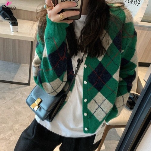 V Neck Color Block Argyle Sweater Cardigan Single Breasted Women Fall Black White Vintage Outerwear Women Tops Kawaii