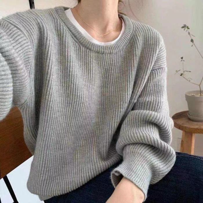 Women Elegant O-neck Long Sleeve Solid Sweaters