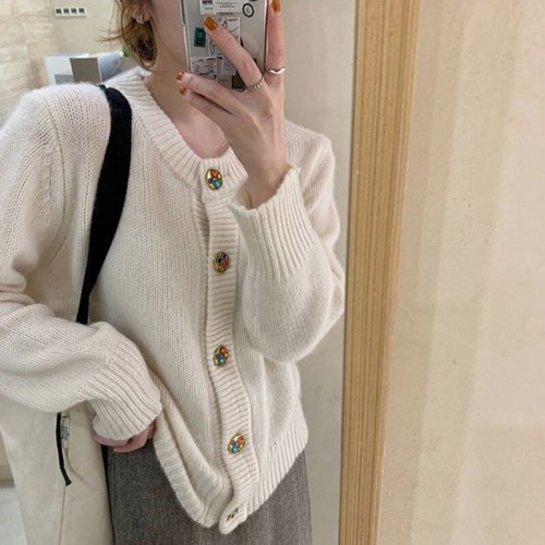 Womens Loose Fit Knitted Cardigan Sweater Long-Sleeve Crew Neck  Office Lady Solid Color Sweater Knit Tops