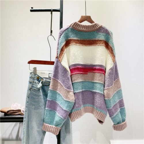 Women O-Neck Color Patch Loose Sweaters
