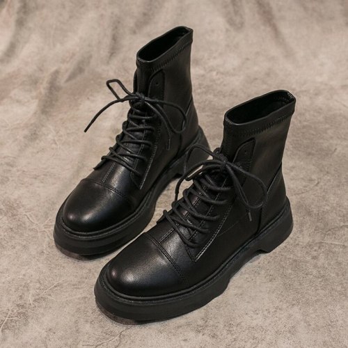 2021 NEW Women Ankle Boots Low Heels Boots New Fashion Winter Lace up Round Toe Square Heels Ankle PU Ladies Thin Heels Rubber