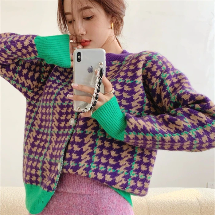 2021 autumn and winter new long-sleeved western-style knitted cardigan jacket contrast color houndstooth sweater jacket women