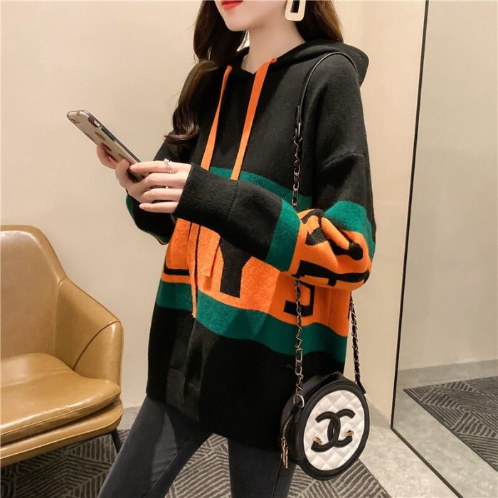 Women Casual Autumn Patchwork Hooded Sweater