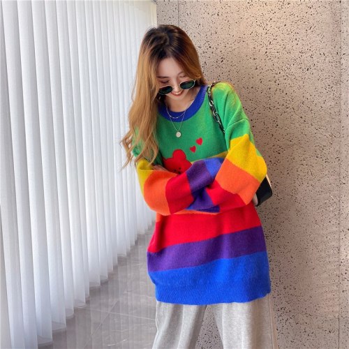 Autumn Winter Fashion Color Contrast Rainbow Pullover Sweater Women Loose And Thin 2021 New Knitted Female Sweater Top